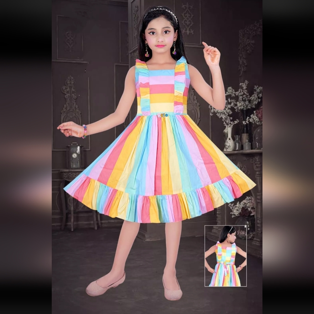 Pastel Rainbow Easter Animal Print Pleated Girls Cotton Dress Knee Length